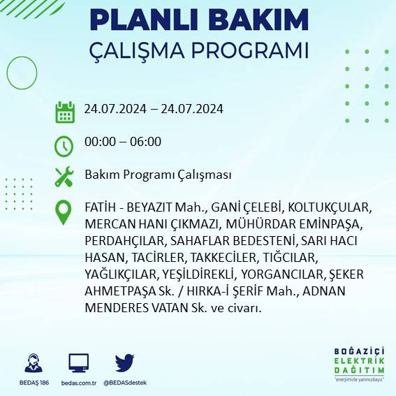 BEDAŞ paylaştı: İstanbul'da 24 Temmuz elektrik kesintisi yaşanacak ilçeler 25