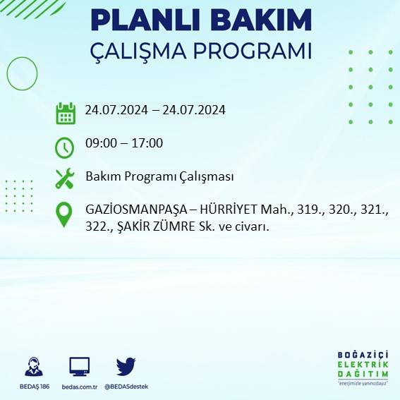 BEDAŞ paylaştı: İstanbul'da 24 Temmuz elektrik kesintisi yaşanacak ilçeler 26