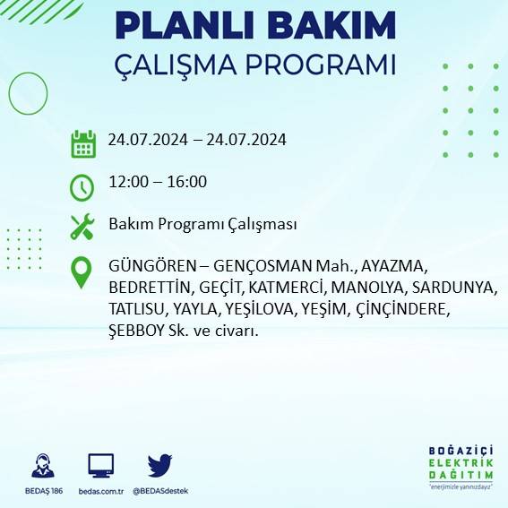 BEDAŞ paylaştı: İstanbul'da 24 Temmuz elektrik kesintisi yaşanacak ilçeler 29