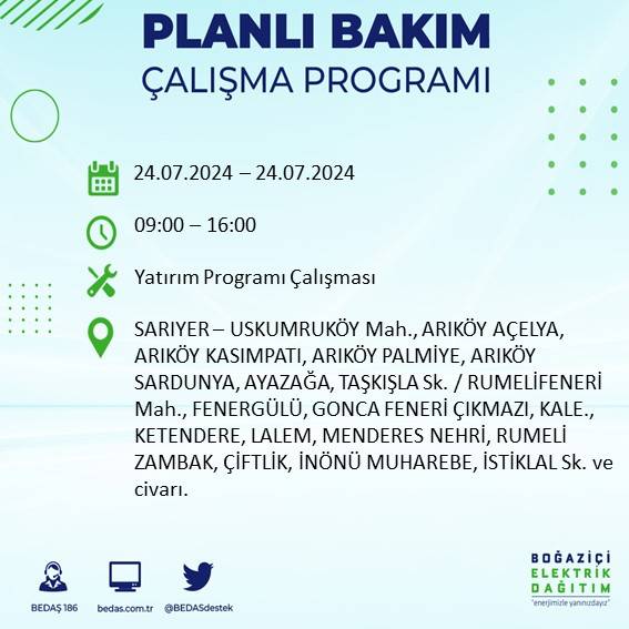 BEDAŞ paylaştı: İstanbul'da 24 Temmuz elektrik kesintisi yaşanacak ilçeler 30