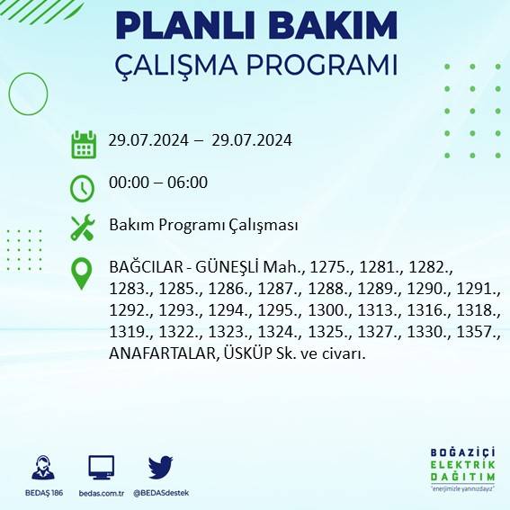 BEDAŞ duyurdu: İstanbul'da bugün elektrik kesintisi yaşanacak ilçeler 16