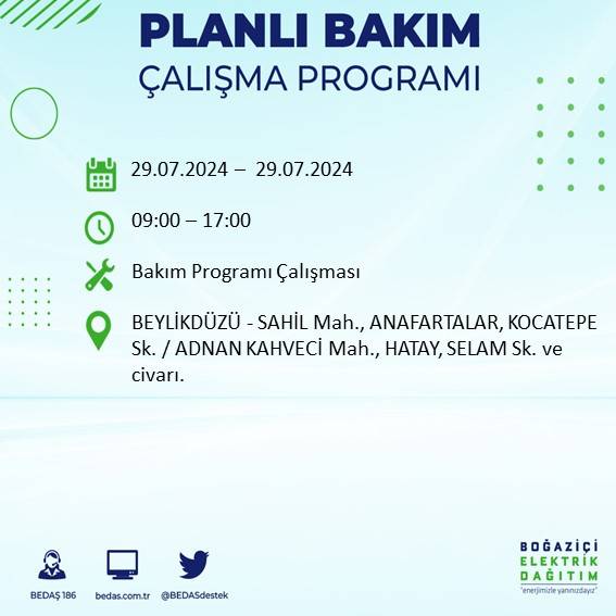 BEDAŞ duyurdu: İstanbul'da bugün elektrik kesintisi yaşanacak ilçeler 21