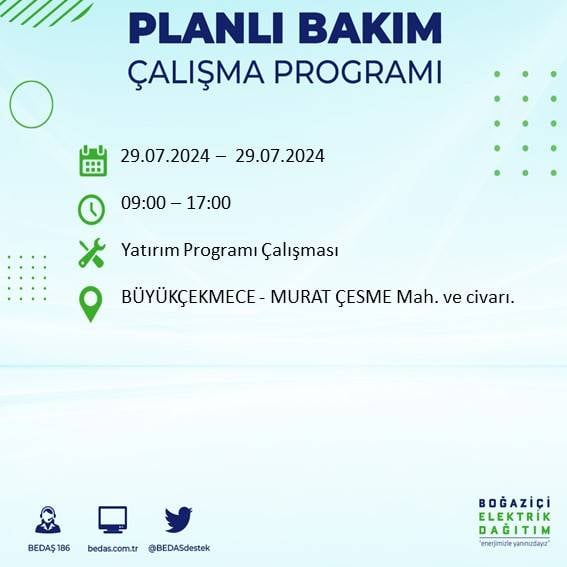 BEDAŞ duyurdu: İstanbul'da bugün elektrik kesintisi yaşanacak ilçeler 29