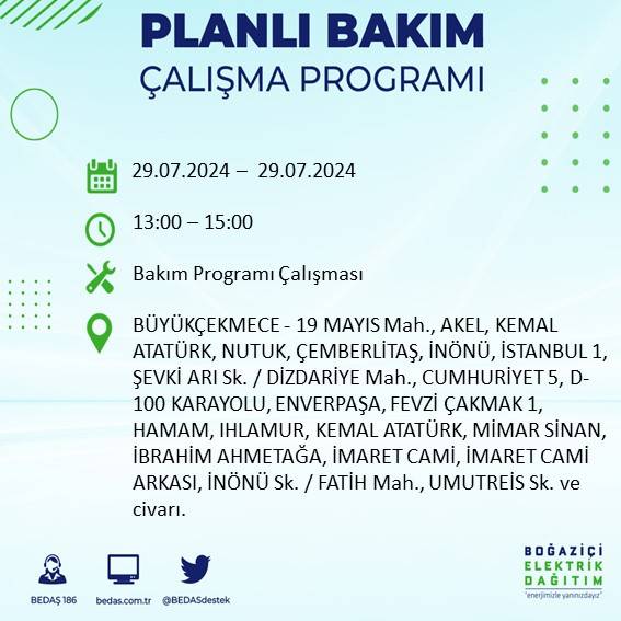 BEDAŞ duyurdu: İstanbul'da bugün elektrik kesintisi yaşanacak ilçeler 28