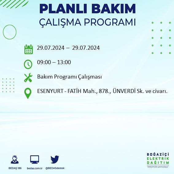 BEDAŞ duyurdu: İstanbul'da bugün elektrik kesintisi yaşanacak ilçeler 40