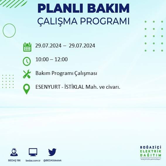 BEDAŞ duyurdu: İstanbul'da bugün elektrik kesintisi yaşanacak ilçeler 39