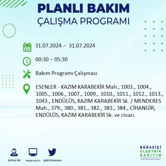 BEDAŞ'tan uyarı: İstanbul'da 31 Temmuz elektrik kesintisi yaşanacak ilçeler 15