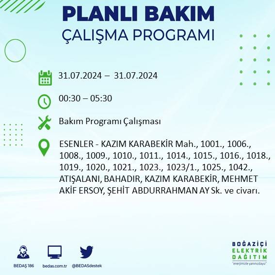 BEDAŞ'tan uyarı: İstanbul'da 31 Temmuz elektrik kesintisi yaşanacak ilçeler 14