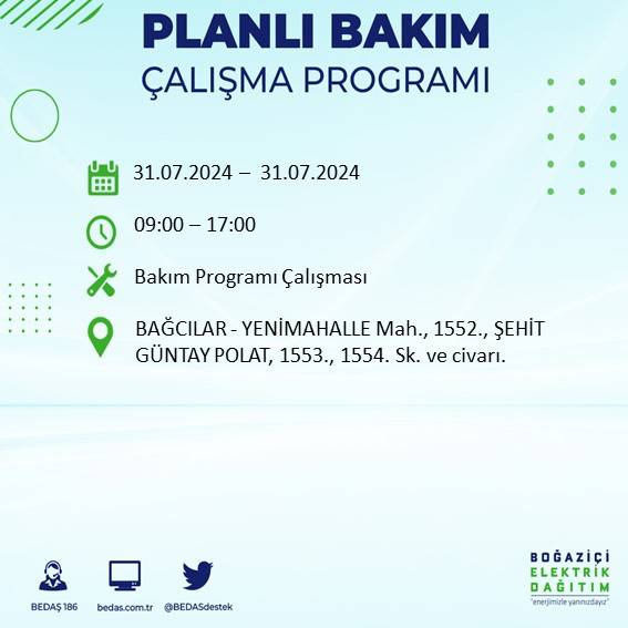 BEDAŞ'tan uyarı: İstanbul'da 31 Temmuz elektrik kesintisi yaşanacak ilçeler 3