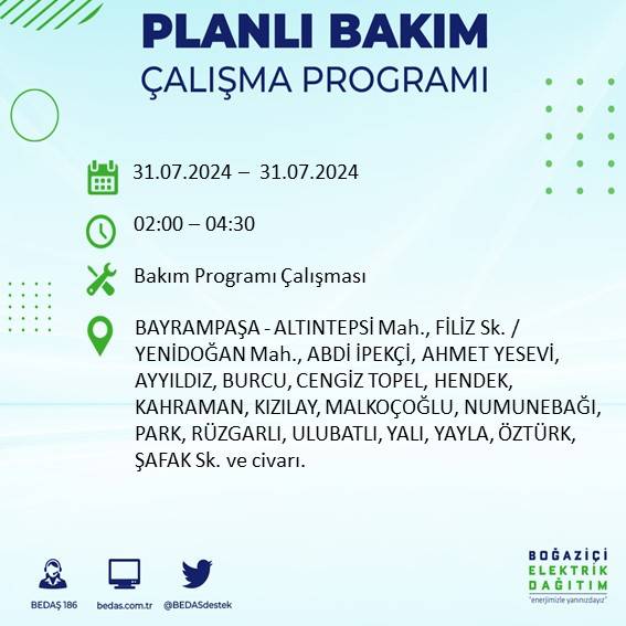 BEDAŞ'tan uyarı: İstanbul'da 31 Temmuz elektrik kesintisi yaşanacak ilçeler 7