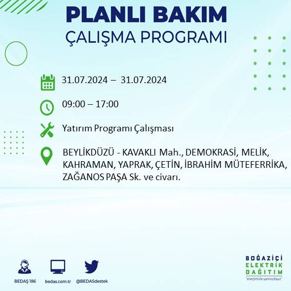 BEDAŞ'tan uyarı: İstanbul'da 31 Temmuz elektrik kesintisi yaşanacak ilçeler 9