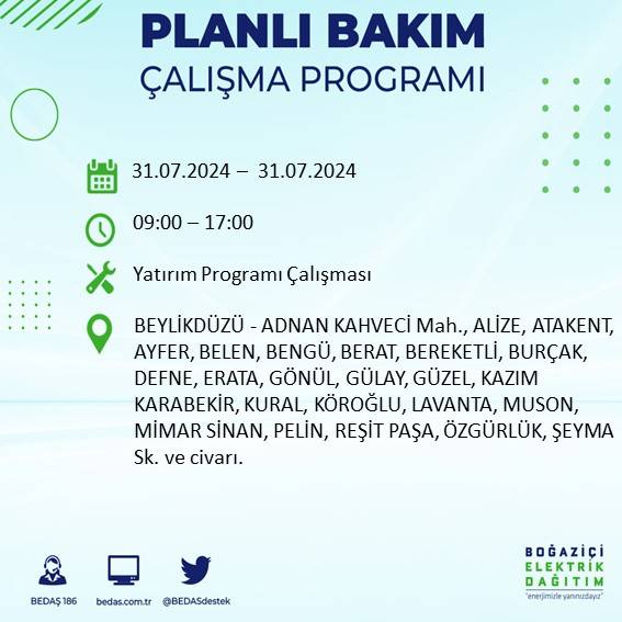 BEDAŞ'tan uyarı: İstanbul'da 31 Temmuz elektrik kesintisi yaşanacak ilçeler 10