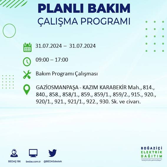 BEDAŞ'tan uyarı: İstanbul'da 31 Temmuz elektrik kesintisi yaşanacak ilçeler 20