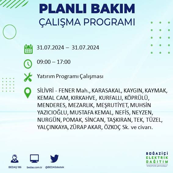 BEDAŞ'tan uyarı: İstanbul'da 31 Temmuz elektrik kesintisi yaşanacak ilçeler 36