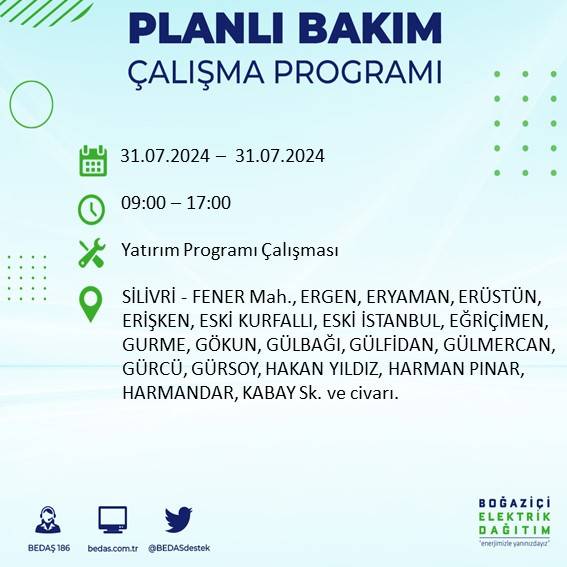 BEDAŞ'tan uyarı: İstanbul'da 31 Temmuz elektrik kesintisi yaşanacak ilçeler 34