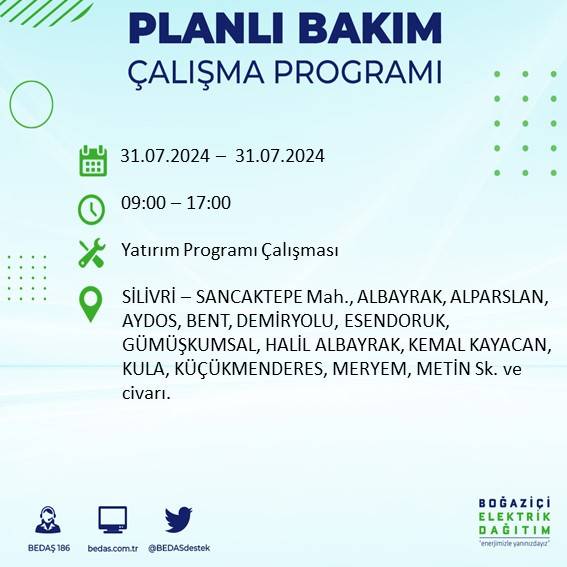 BEDAŞ'tan uyarı: İstanbul'da 31 Temmuz elektrik kesintisi yaşanacak ilçeler 41