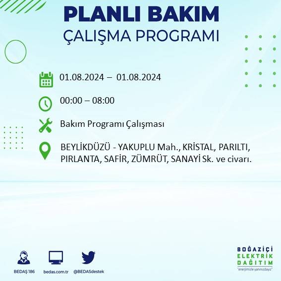 BEDAŞ duyurdu: İstanbul'da bugün elektrik kesintisi yaşanacak ilçeler 7