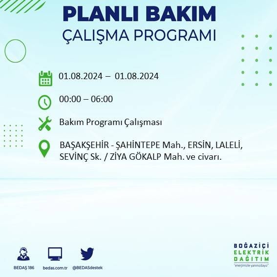 BEDAŞ duyurdu: İstanbul'da bugün elektrik kesintisi yaşanacak ilçeler 6