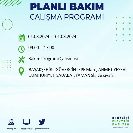 BEDAŞ duyurdu: İstanbul'da bugün elektrik kesintisi yaşanacak ilçeler 4