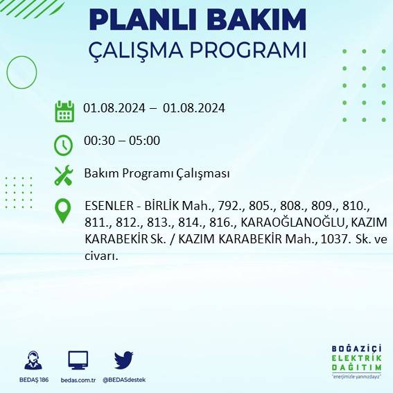 BEDAŞ duyurdu: İstanbul'da bugün elektrik kesintisi yaşanacak ilçeler 9