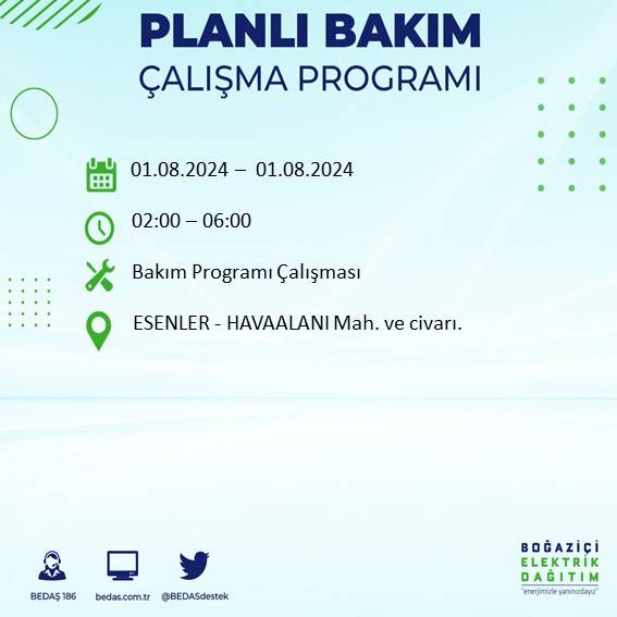 BEDAŞ duyurdu: İstanbul'da bugün elektrik kesintisi yaşanacak ilçeler 13