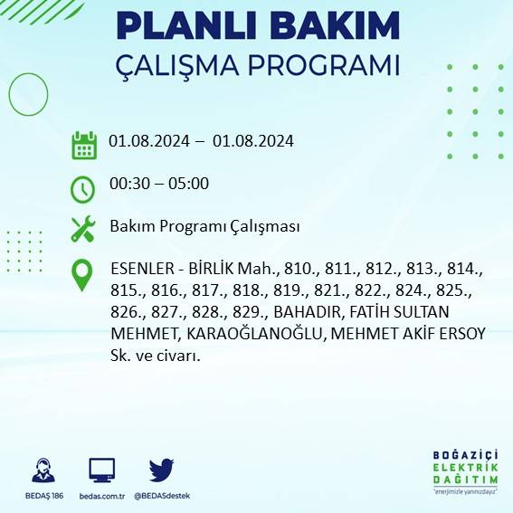 BEDAŞ duyurdu: İstanbul'da bugün elektrik kesintisi yaşanacak ilçeler 10