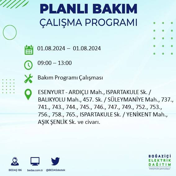 BEDAŞ duyurdu: İstanbul'da bugün elektrik kesintisi yaşanacak ilçeler 14