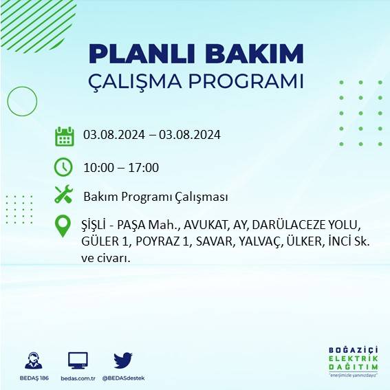 BEDAŞ paylaştı: İstanbul'da 3 Ağustos Cumartesi günü elektrik kesintisi yaşanacak ilçeler 36