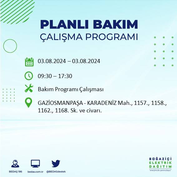 BEDAŞ paylaştı: İstanbul'da 3 Ağustos Cumartesi günü elektrik kesintisi yaşanacak ilçeler 20