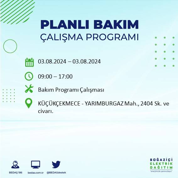 BEDAŞ paylaştı: İstanbul'da 3 Ağustos Cumartesi günü elektrik kesintisi yaşanacak ilçeler 24