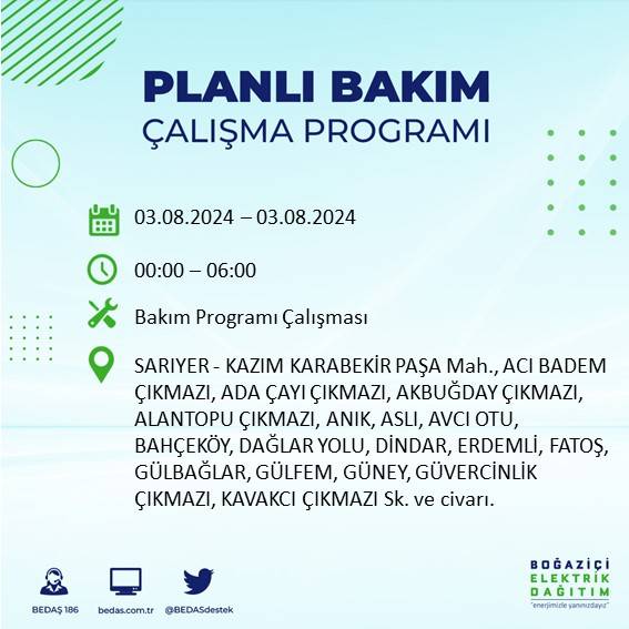 BEDAŞ paylaştı: İstanbul'da 3 Ağustos Cumartesi günü elektrik kesintisi yaşanacak ilçeler 25