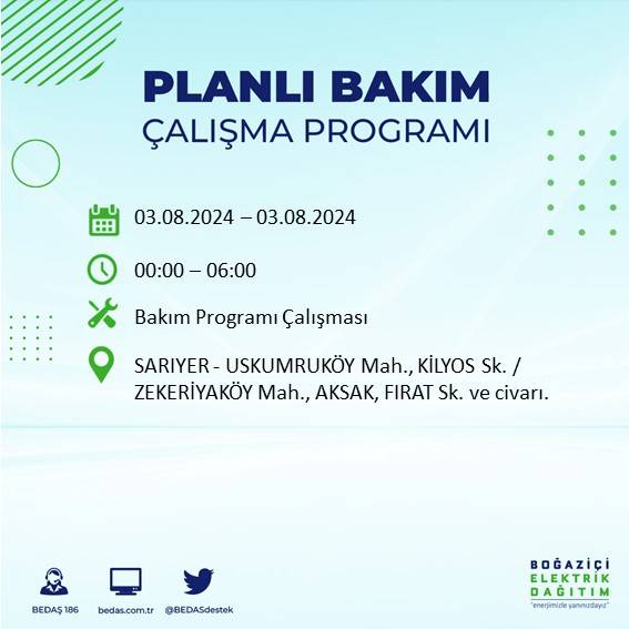 BEDAŞ paylaştı: İstanbul'da 3 Ağustos Cumartesi günü elektrik kesintisi yaşanacak ilçeler 29