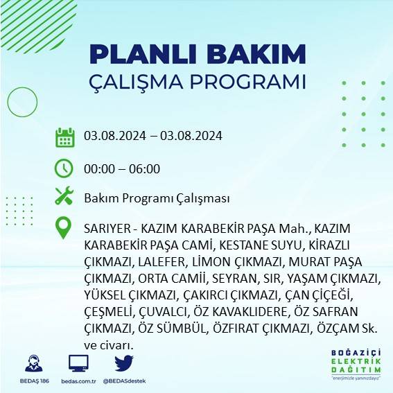 BEDAŞ paylaştı: İstanbul'da 3 Ağustos Cumartesi günü elektrik kesintisi yaşanacak ilçeler 26