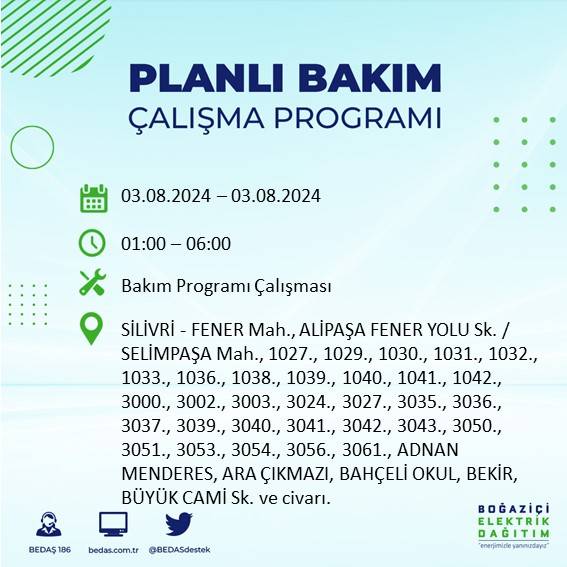 BEDAŞ paylaştı: İstanbul'da 3 Ağustos Cumartesi günü elektrik kesintisi yaşanacak ilçeler 27