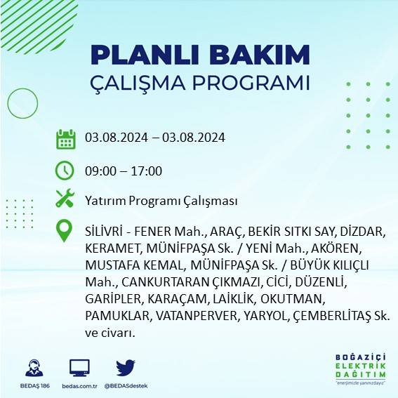 BEDAŞ paylaştı: İstanbul'da 3 Ağustos Cumartesi günü elektrik kesintisi yaşanacak ilçeler 31