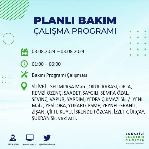 BEDAŞ paylaştı: İstanbul'da 3 Ağustos Cumartesi günü elektrik kesintisi yaşanacak ilçeler 30