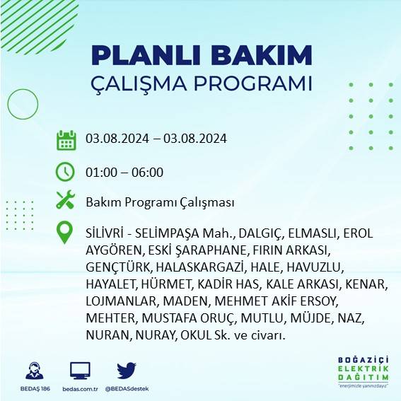 BEDAŞ paylaştı: İstanbul'da 3 Ağustos Cumartesi günü elektrik kesintisi yaşanacak ilçeler 28