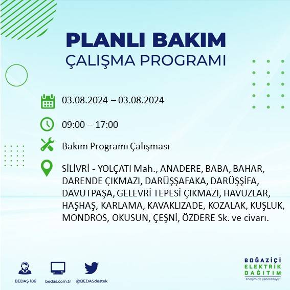 BEDAŞ paylaştı: İstanbul'da 3 Ağustos Cumartesi günü elektrik kesintisi yaşanacak ilçeler 33