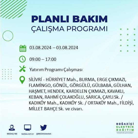 BEDAŞ paylaştı: İstanbul'da 3 Ağustos Cumartesi günü elektrik kesintisi yaşanacak ilçeler 32