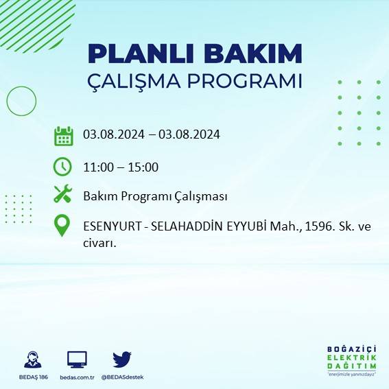 BEDAŞ paylaştı: İstanbul'da 3 Ağustos Cumartesi günü elektrik kesintisi yaşanacak ilçeler 17