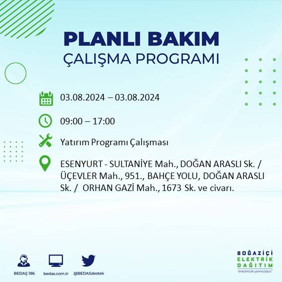 BEDAŞ paylaştı: İstanbul'da 3 Ağustos Cumartesi günü elektrik kesintisi yaşanacak ilçeler 16