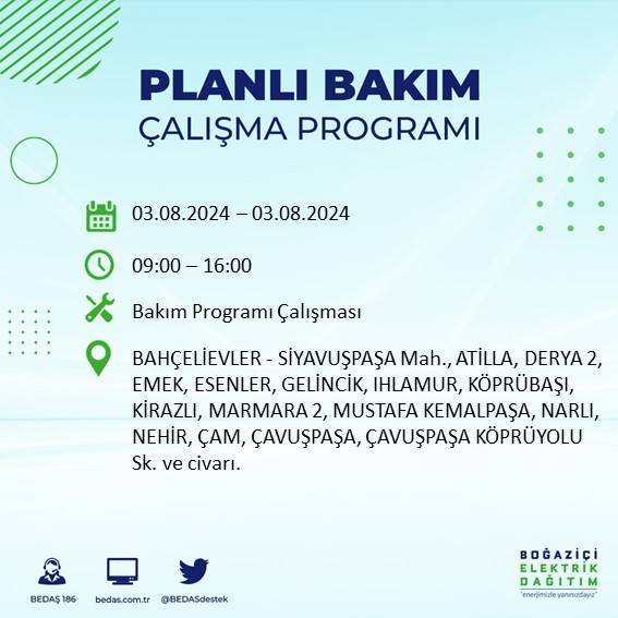 BEDAŞ paylaştı: İstanbul'da 3 Ağustos Cumartesi günü elektrik kesintisi yaşanacak ilçeler 2