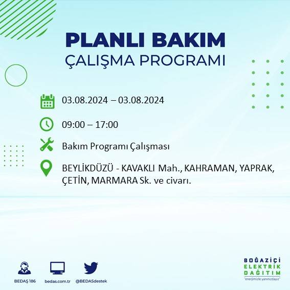 BEDAŞ paylaştı: İstanbul'da 3 Ağustos Cumartesi günü elektrik kesintisi yaşanacak ilçeler 4