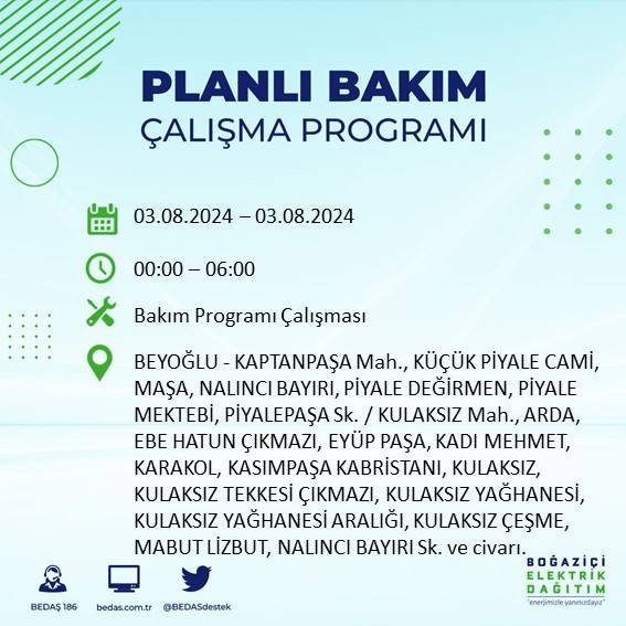 BEDAŞ paylaştı: İstanbul'da 3 Ağustos Cumartesi günü elektrik kesintisi yaşanacak ilçeler 6