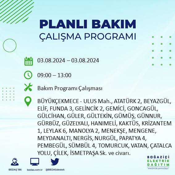 BEDAŞ paylaştı: İstanbul'da 3 Ağustos Cumartesi günü elektrik kesintisi yaşanacak ilçeler 11