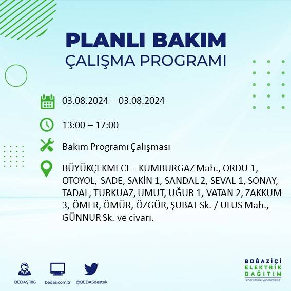 BEDAŞ paylaştı: İstanbul'da 3 Ağustos Cumartesi günü elektrik kesintisi yaşanacak ilçeler 12