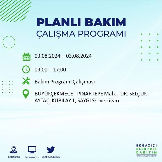 BEDAŞ paylaştı: İstanbul'da 3 Ağustos Cumartesi günü elektrik kesintisi yaşanacak ilçeler 9