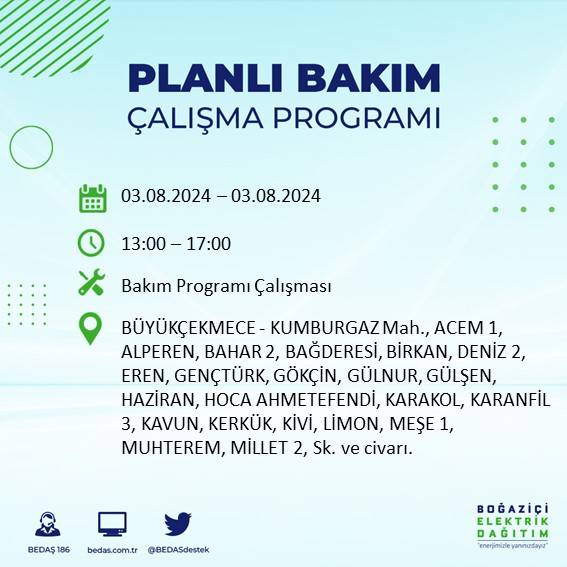 BEDAŞ paylaştı: İstanbul'da 3 Ağustos Cumartesi günü elektrik kesintisi yaşanacak ilçeler 10