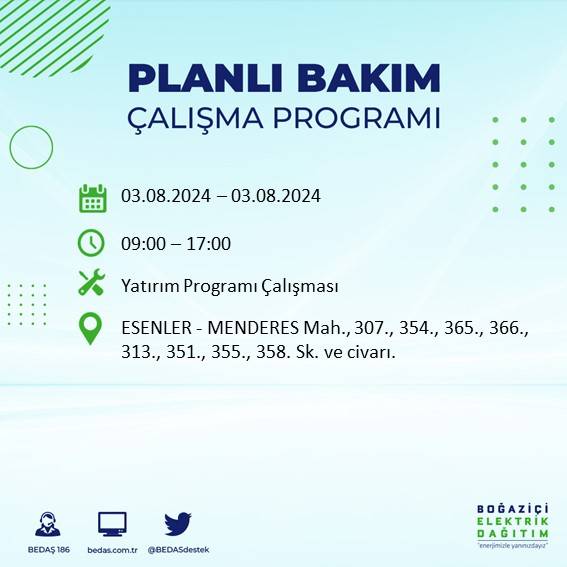 BEDAŞ paylaştı: İstanbul'da 3 Ağustos Cumartesi günü elektrik kesintisi yaşanacak ilçeler 14