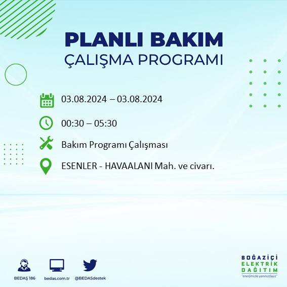 BEDAŞ paylaştı: İstanbul'da 3 Ağustos Cumartesi günü elektrik kesintisi yaşanacak ilçeler 13